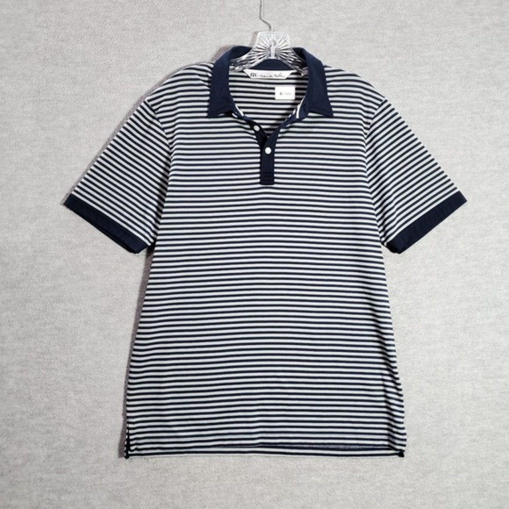 Travis Mathew Men Polo Shirt Medium Blue Striped Short Sleeve Collar Pullover